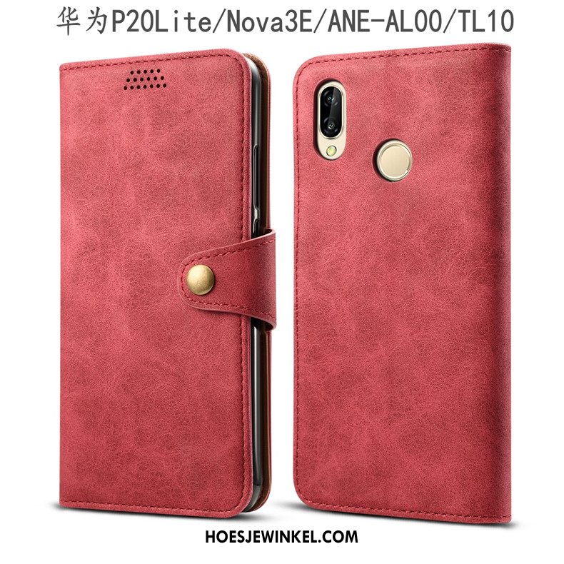 Huawei P20 Lite Hoesje Rood Anti-fall Bescherming, Huawei P20 Lite Hoesje Leren Etui Folio