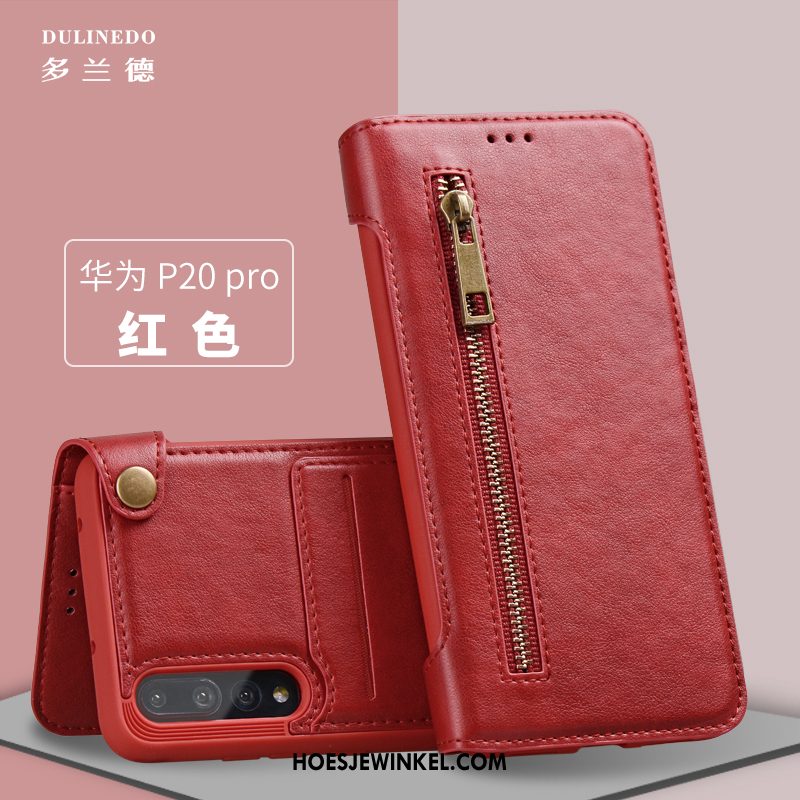 Huawei P20 Pro Hoesje Rood Leren Etui Anti-fall, Huawei P20 Pro Hoesje Mobiele Telefoon Hoes