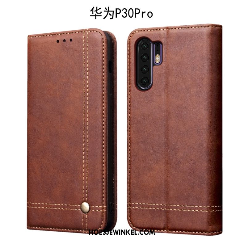 Huawei P30 Pro Hoesje Hoes Vintage Diepe Kleur, Huawei P30 Pro Hoesje Leren Etui Zacht Braun