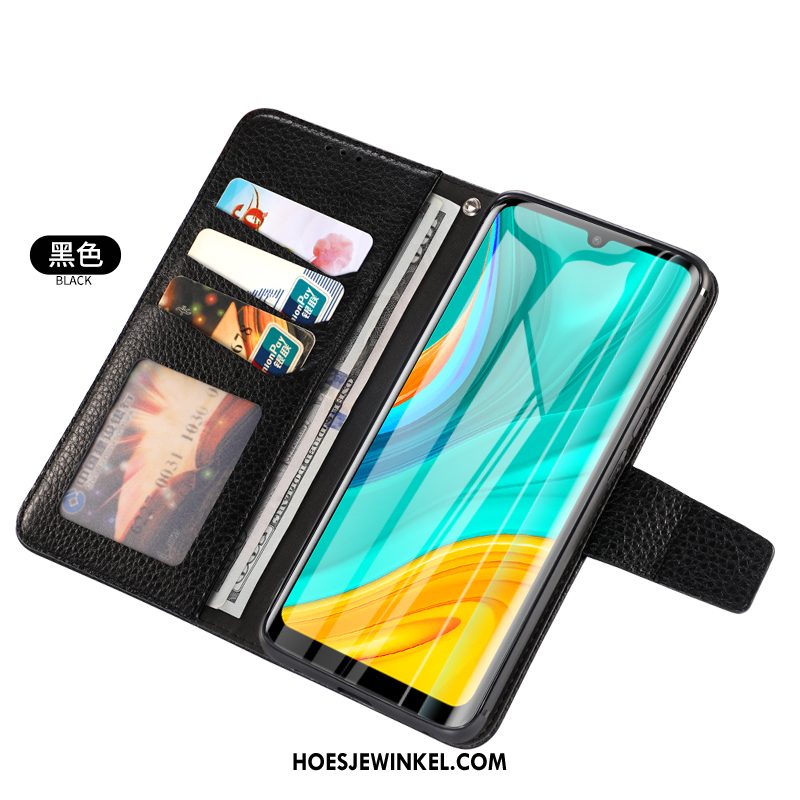 Huawei P40 Lite Hoesje Folio Echt Leer Leren Etui, Huawei P40 Lite Hoesje Mobiele Telefoon Kaart