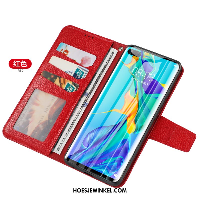 Huawei P40 Lite Hoesje Folio Echt Leer Leren Etui, Huawei P40 Lite Hoesje Mobiele Telefoon Kaart