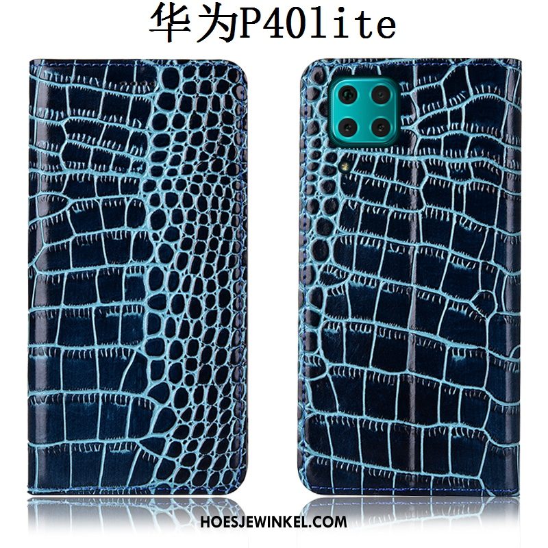 Huawei P40 Lite Hoesje Hoes Leren Etui Krokodil, Huawei P40 Lite Hoesje Mobiele Telefoon Folio Braun