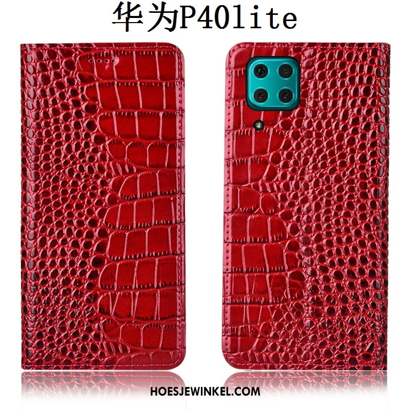 Huawei P40 Lite Hoesje Hoes Leren Etui Krokodil, Huawei P40 Lite Hoesje Mobiele Telefoon Folio Braun