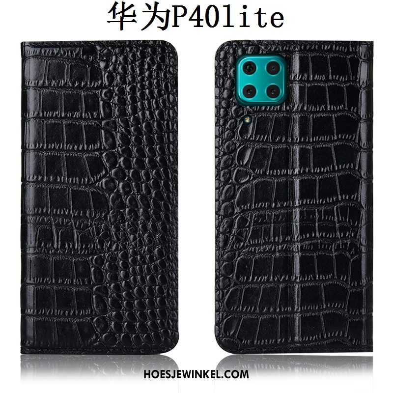 Huawei P40 Lite Hoesje Hoes Leren Etui Krokodil, Huawei P40 Lite Hoesje Mobiele Telefoon Folio Braun