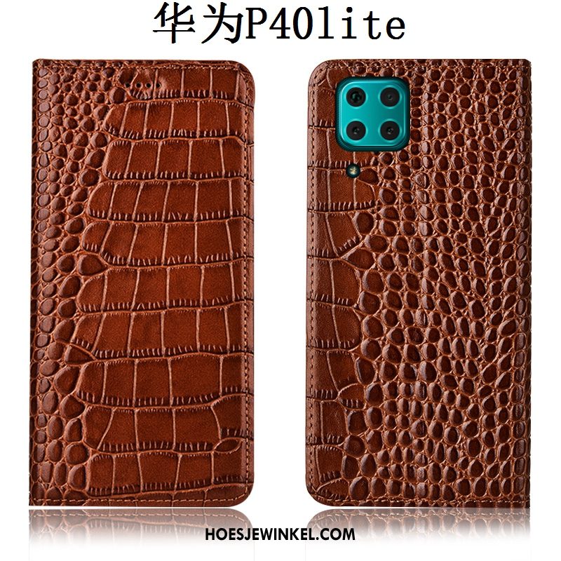 Huawei P40 Lite Hoesje Hoes Leren Etui Krokodil, Huawei P40 Lite Hoesje Mobiele Telefoon Folio Braun
