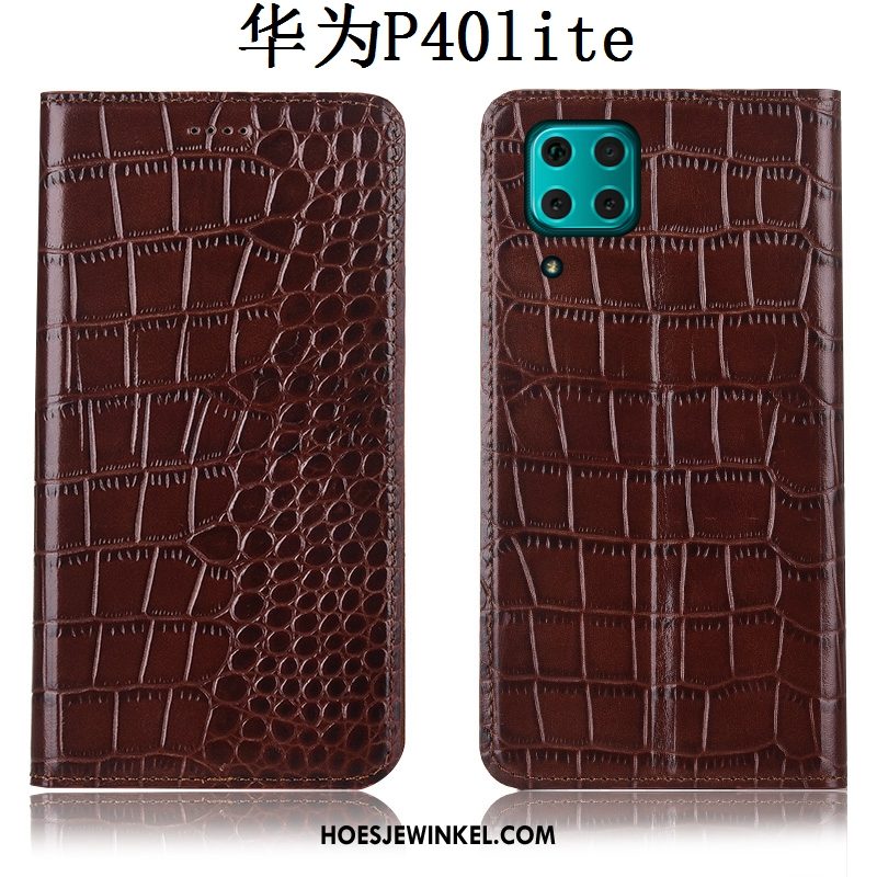 Huawei P40 Lite Hoesje Hoes Leren Etui Krokodil, Huawei P40 Lite Hoesje Mobiele Telefoon Folio Braun