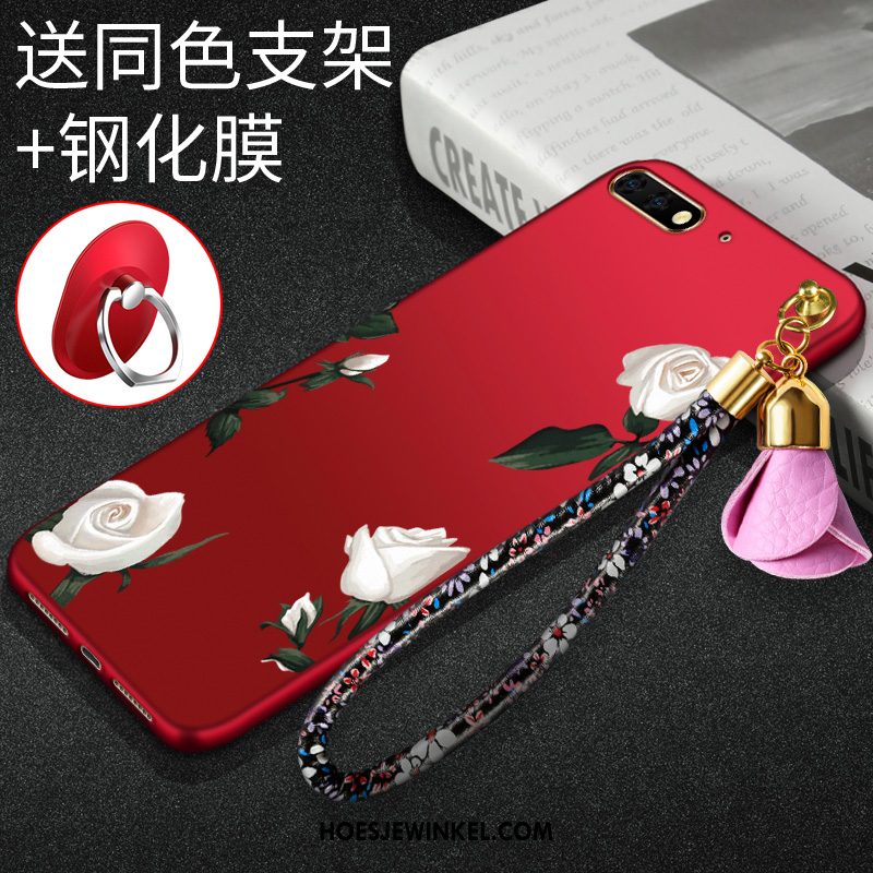 Huawei Y6 2018 Hoesje Bloemen Hoes Rood, Huawei Y6 2018 Hoesje Skärmskydd Zacht