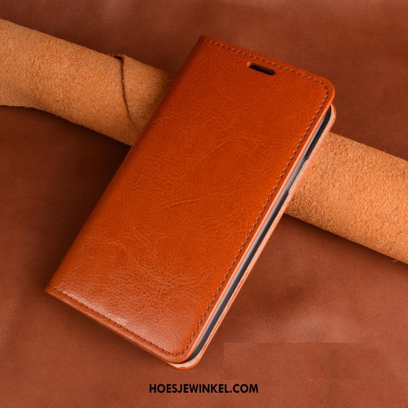 Huawei Y6 2018 Hoesje Hoes Echt Leer Bescherming, Huawei Y6 2018 Hoesje Leren Etui Oranje Braun