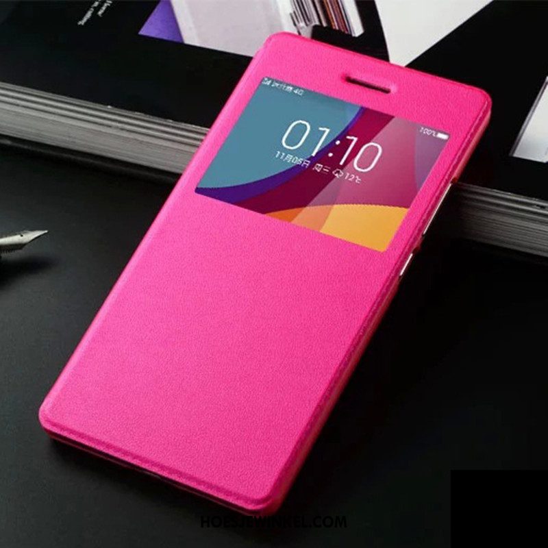 Huawei Y6 2018 Hoesje Mobiele Telefoon Leren Etui Open Het Venster, Huawei Y6 2018 Hoesje Roze Bescherming