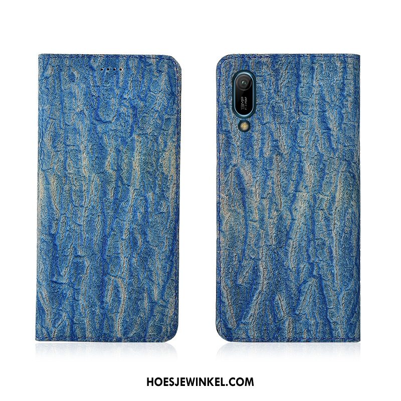 Huawei Y6 2019 Hoesje Blauw Echt Leer Anti-fall, Huawei Y6 2019 Hoesje Bescherming Clamshell