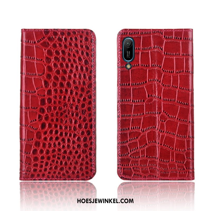 Huawei Y6 2019 Hoesje Hoes Krokodil Zacht, Huawei Y6 2019 Hoesje Anti-fall Echt Leer Braun