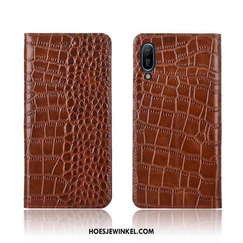 Huawei Y6 2019 Hoesje Hoes Krokodil Zacht, Huawei Y6 2019 Hoesje Anti-fall Echt Leer Braun