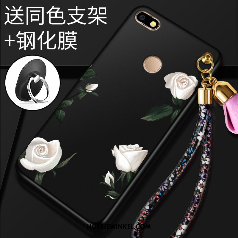 Huawei Y6 Pro 2017 Hoesje Skärmskydd Bloemen Ondersteuning, Huawei Y6 Pro 2017 Hoesje Zwart Zacht