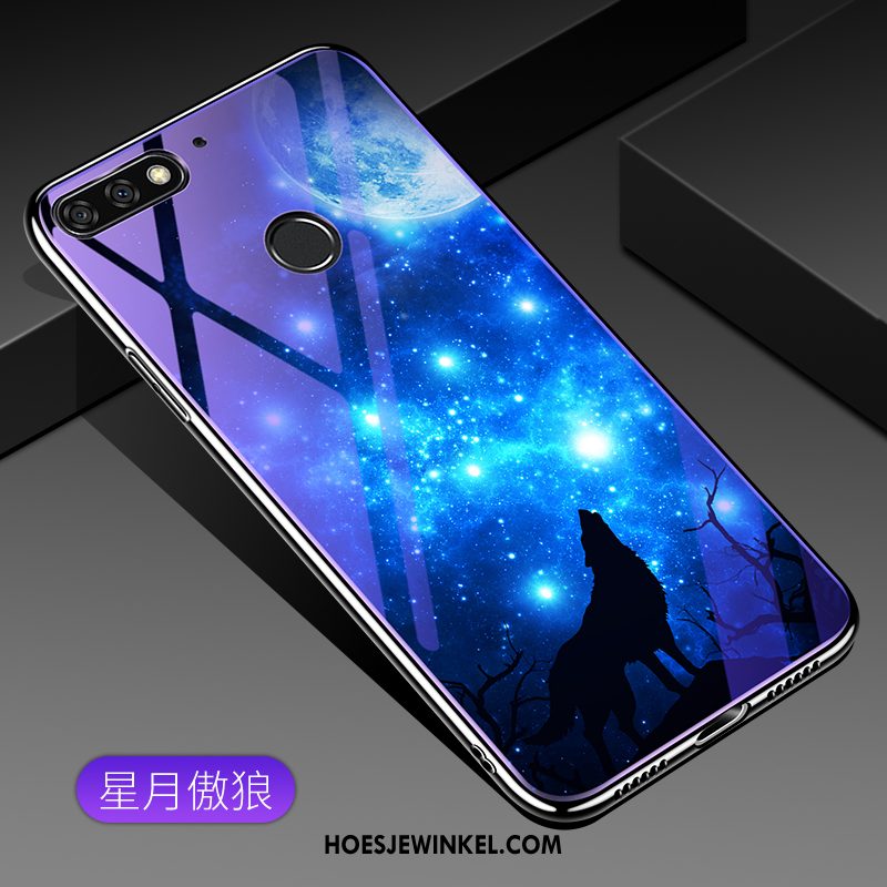 Huawei Y7 2018 Hoesje Bescherming Gehard Glas Blauw, Huawei Y7 2018 Hoesje Mobiele Telefoon Hoes