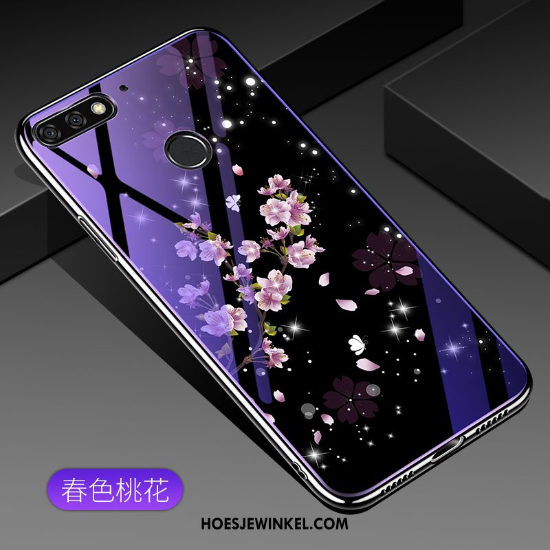 Huawei Y7 2018 Hoesje Bescherming Gehard Glas Blauw, Huawei Y7 2018 Hoesje Mobiele Telefoon Hoes