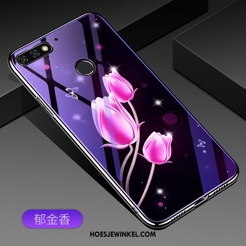 Huawei Y7 2018 Hoesje Bescherming Gehard Glas Blauw, Huawei Y7 2018 Hoesje Mobiele Telefoon Hoes