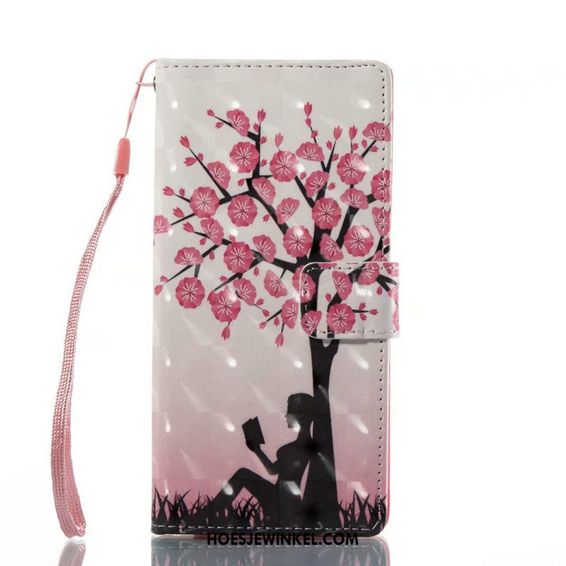 Huawei Y7 2018 Hoesje Leren Etui Roze Folio, Huawei Y7 2018 Hoesje Mobiele Telefoon Bloemen