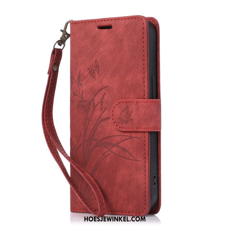 Leren Hoesje Oppo A98 5g Orchideeën En Vlinders Bescherming Hoesje