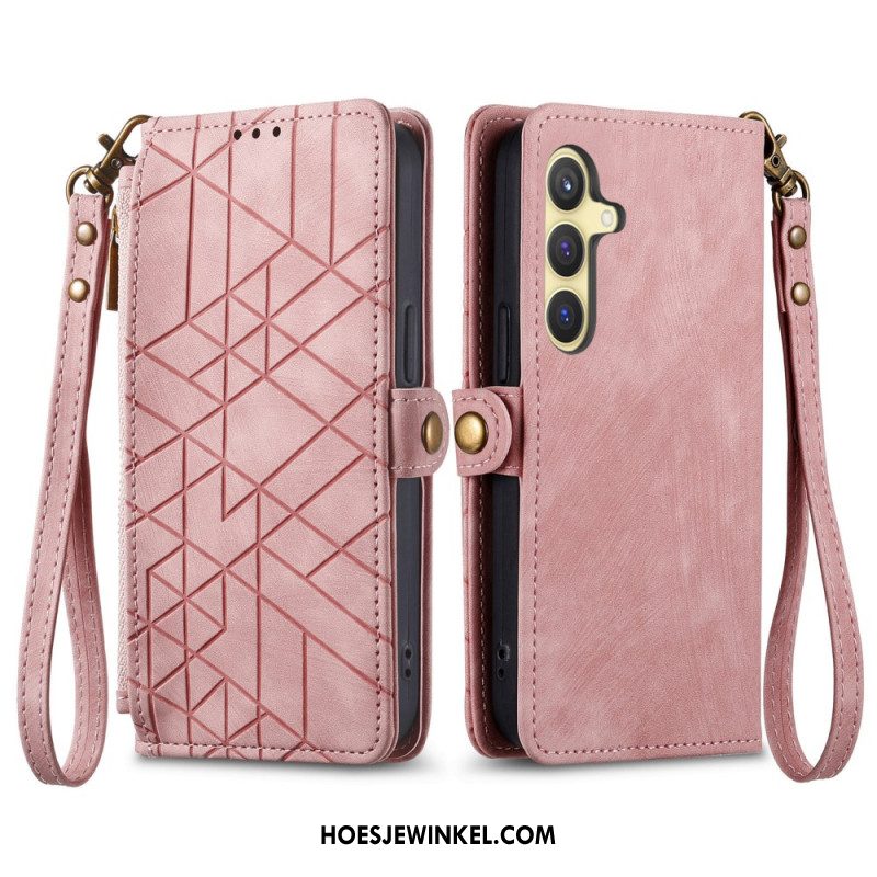 Leren Hoesje Samsung Galaxy S25 5g Portemonnee Met Geometrische Suède-look