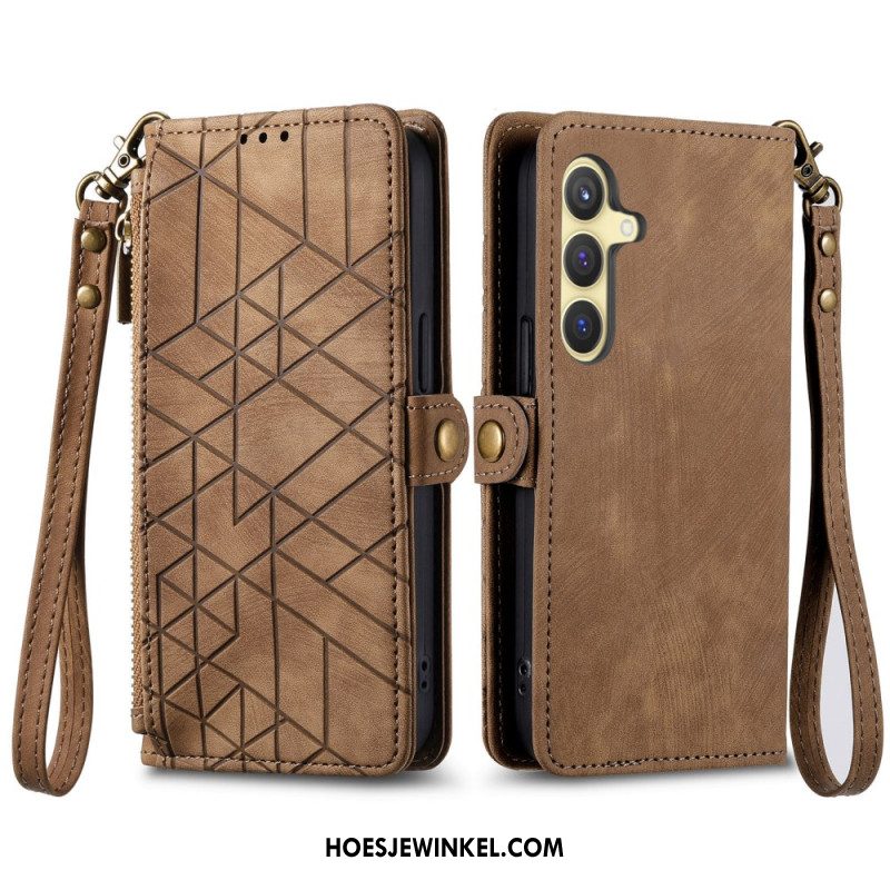 Leren Hoesje Samsung Galaxy S25 5g Portemonnee Met Geometrische Suède-look