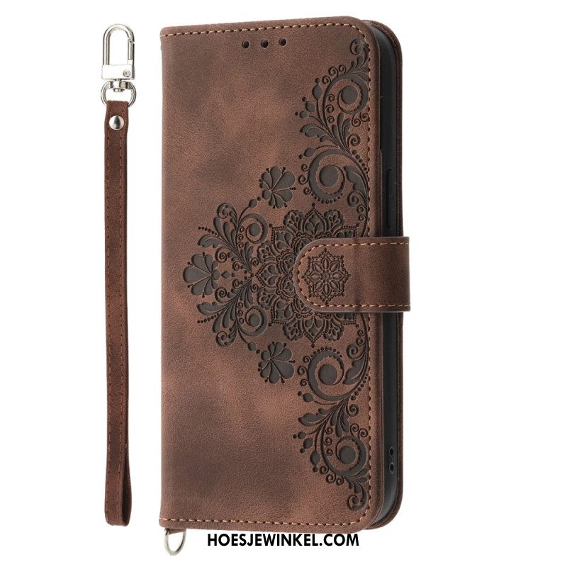 Leren Hoesje Samsung Galaxy S25 Plus 5g Bloemenpatroon En Bandjes Bescherming Hoesje