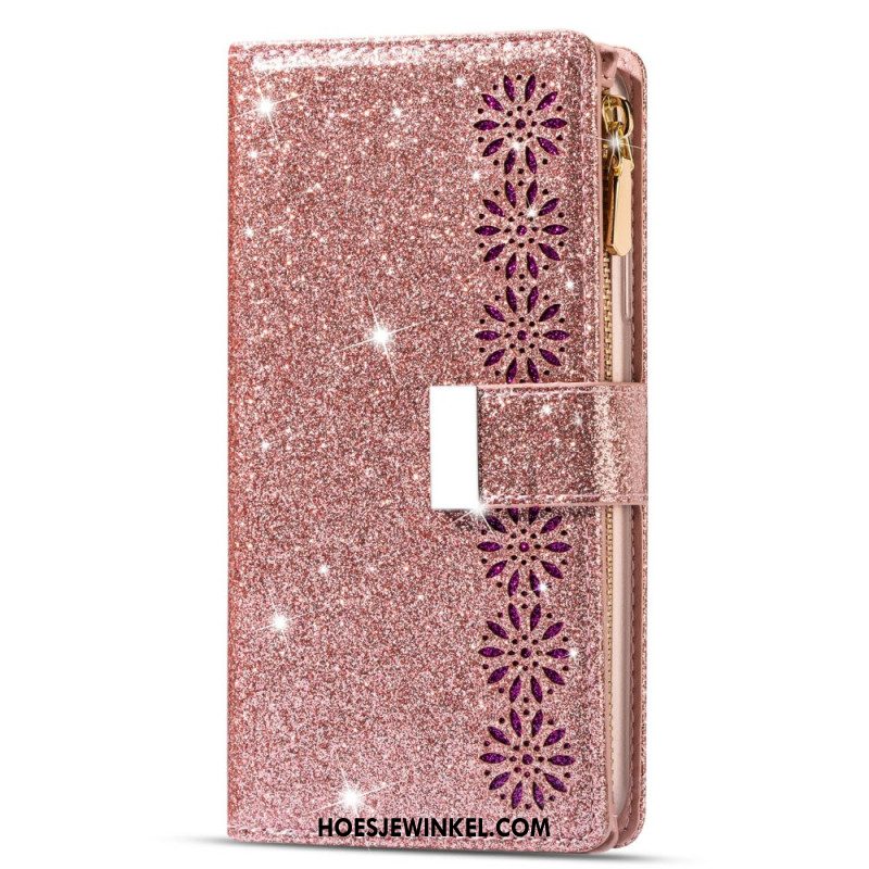 Leren Hoesje Samsung Galaxy S25 Ultra 5g Pailletten Met Zilveren Sluiting Bescherming Hoesje