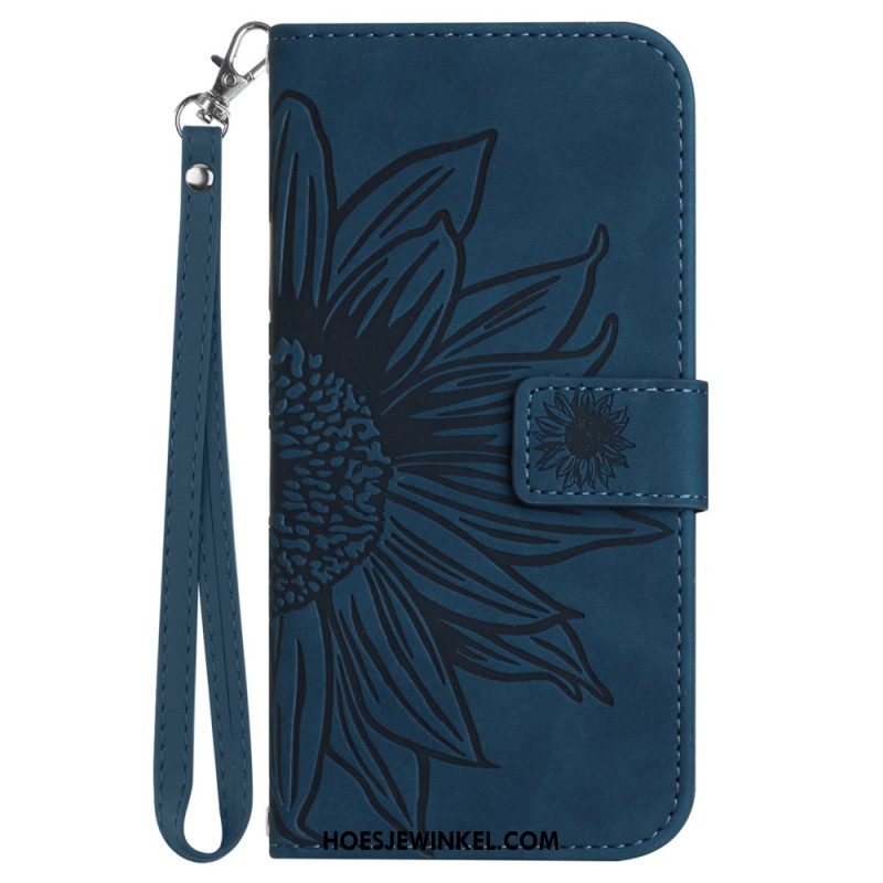 Leren Hoesje Voor Oppo Reno 12f 5g Zonnebloemprint Met Riempje