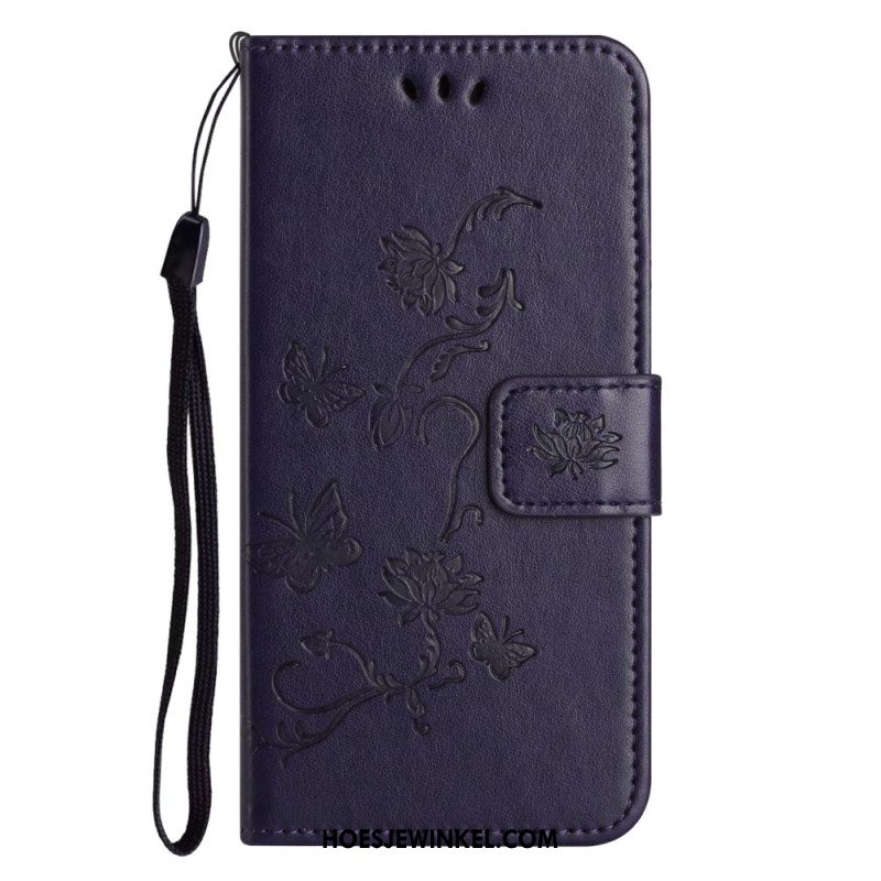 Leren Hoesje Voor Samsung Galaxy A55 5g Vlinders En Bloemen Design Met Draagkoord