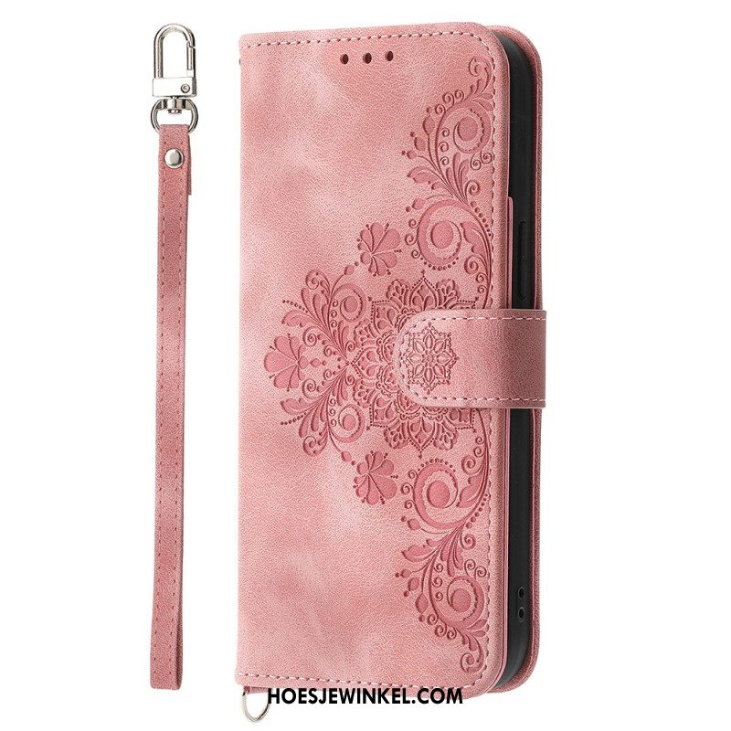 Leren Hoesje Voor Samsung Galaxy S25 Fe Kantprint Met Bandje En Schouderband