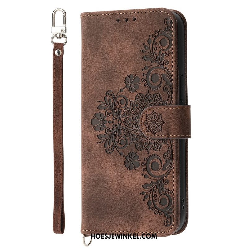 Leren Hoesje Voor Samsung Galaxy S25 Fe Kantprint Met Bandje En Schouderband