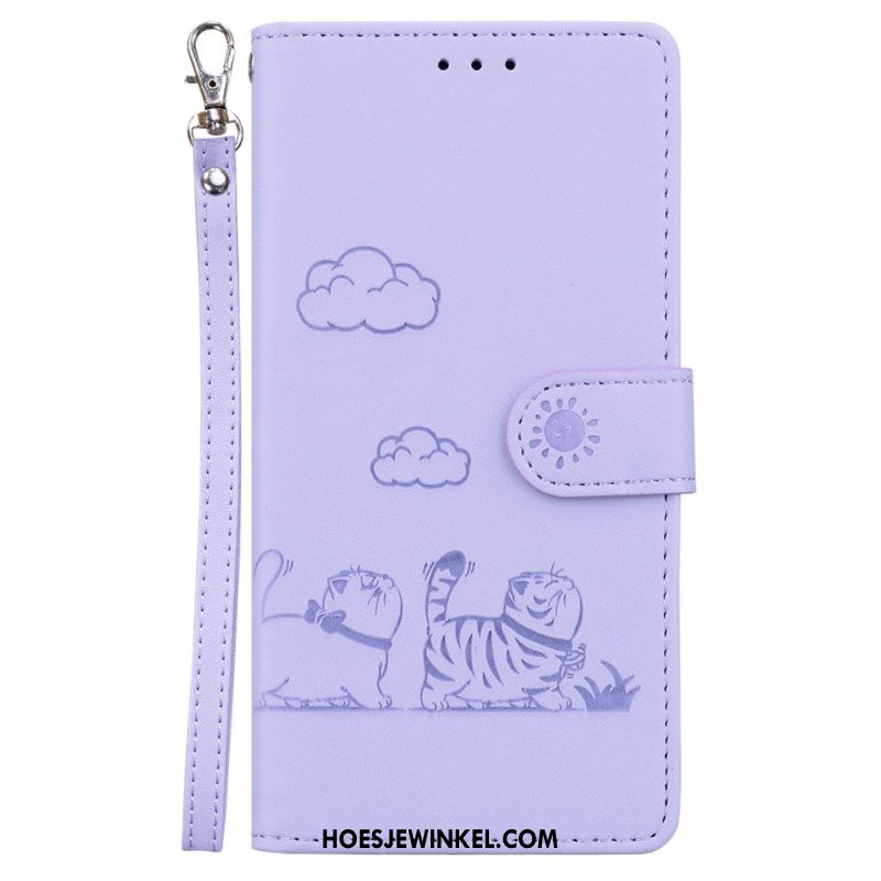 Leren Hoesje Voor Samsung Galaxy S25 Plus 5g Bandje Met Kattenscène