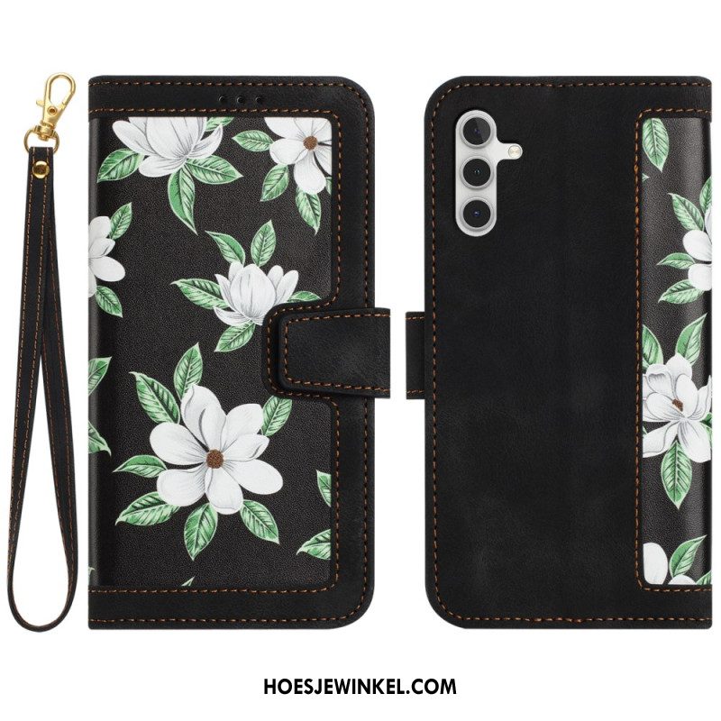 Leren Hoesje Voor Samsung Galaxy S25 Plus 5g Bloemendesign Met Bandje