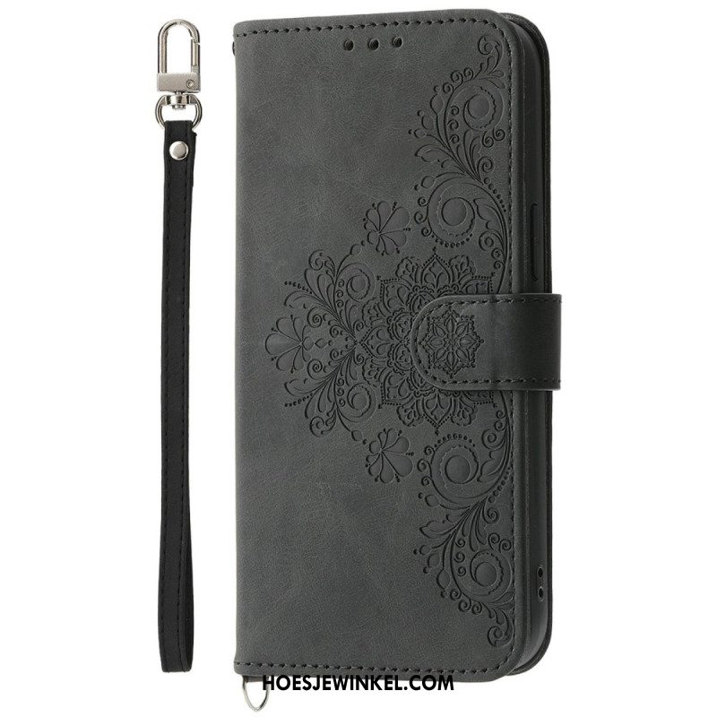 Leren Hoesje Voor Xiaomi 15 Pro Suède-effect Bloemenpatroon Met Bandje En Schouderriem