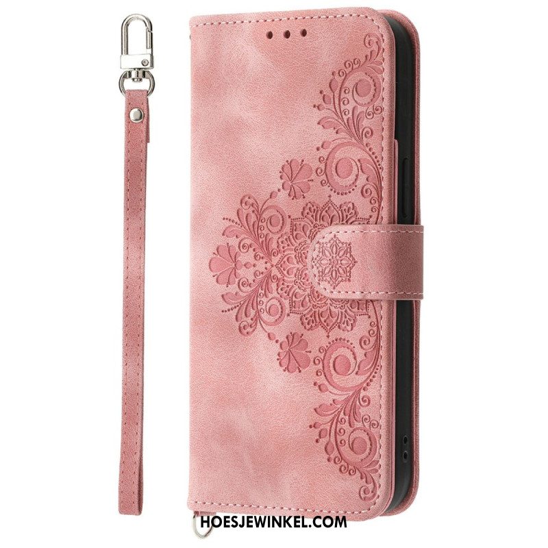 Leren Hoesje Voor Xiaomi 15 Pro Suède-effect Bloemenpatroon Met Bandje En Schouderriem