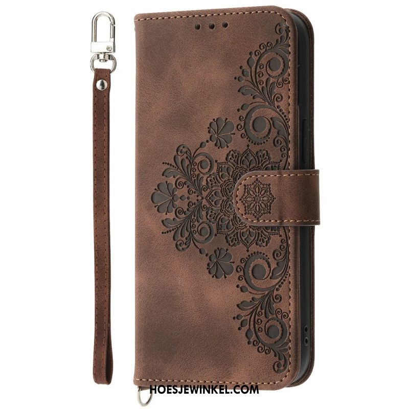 Leren Hoesje Voor Xiaomi 15 Pro Suède-effect Bloemenpatroon Met Bandje En Schouderriem