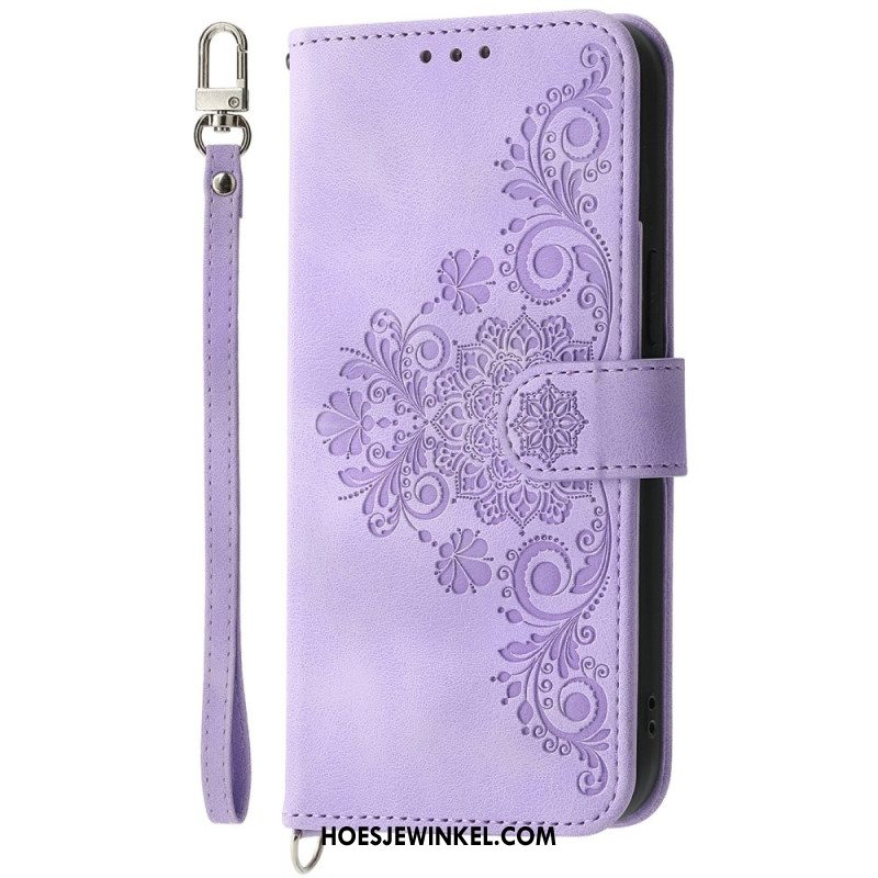 Leren Hoesje Voor Xiaomi 15 Pro Suède-effect Bloemenpatroon Met Bandje En Schouderriem