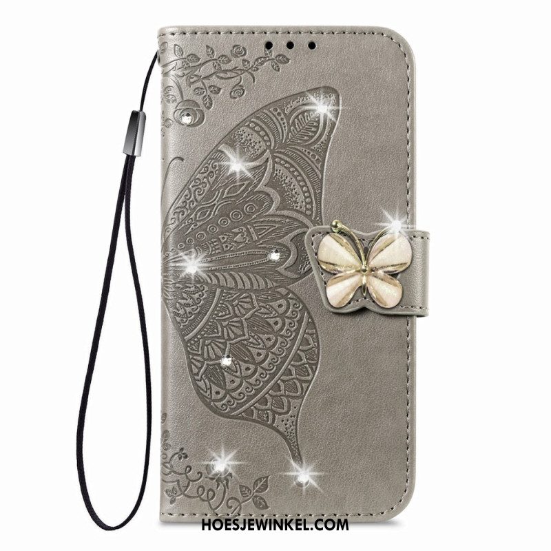 Leren Hoesje Voor Xiaomi 17 3d-vlinder En Strass-steentjes