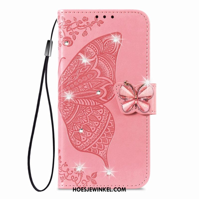 Leren Hoesje Voor Xiaomi 17 3d-vlinder En Strass-steentjes