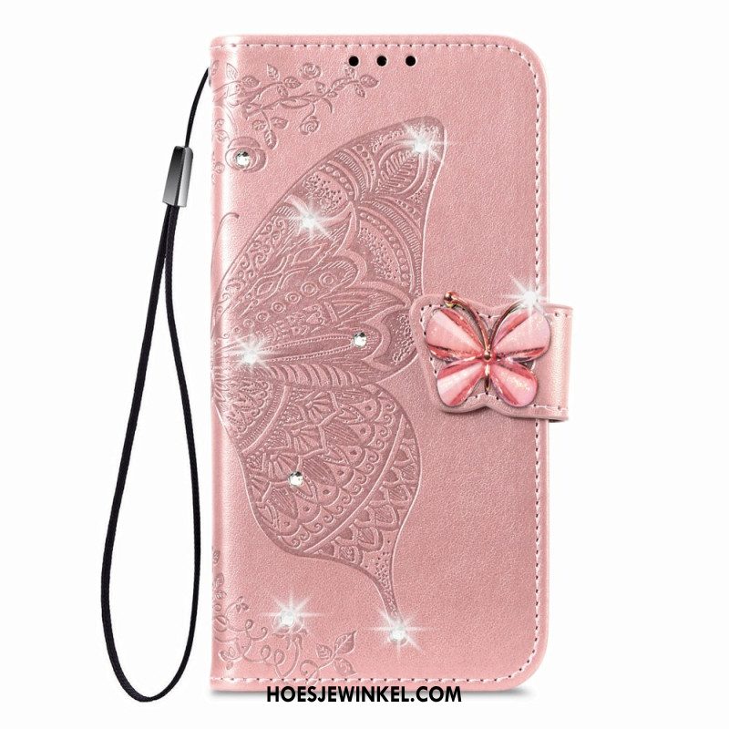 Leren Hoesje Voor Xiaomi 17 3d-vlinder En Strass-steentjes