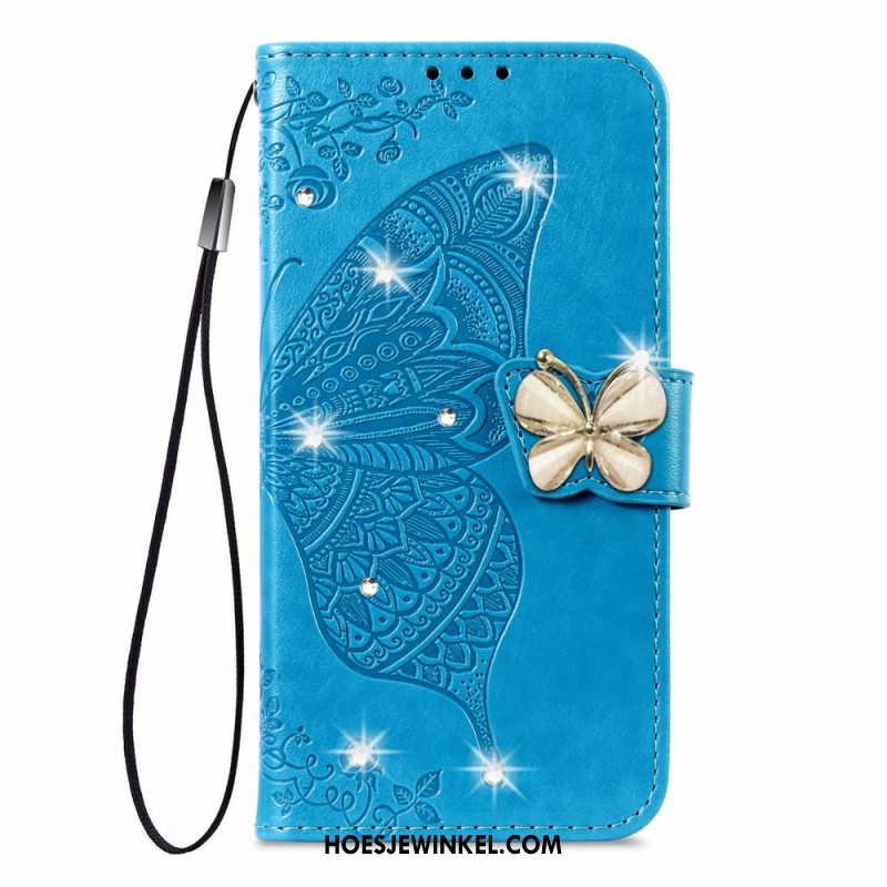 Leren Hoesje Voor Xiaomi 17 3d-vlinder En Strass-steentjes