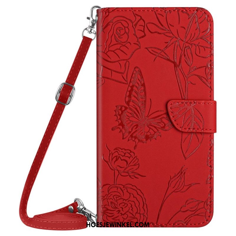 Leren Hoesje Voor Xiaomi Redmi Note 14 4g Schouderband Met Vlinderprint
