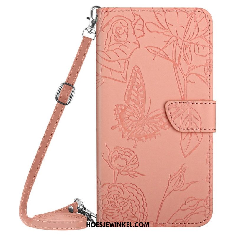 Leren Hoesje Voor Xiaomi Redmi Note 14 4g Schouderband Met Vlinderprint