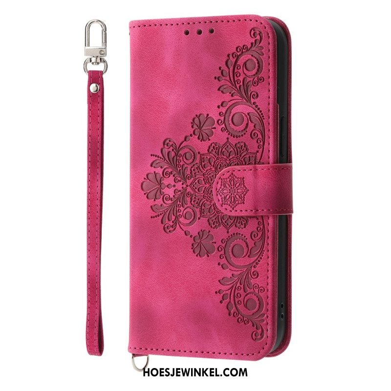 Leren Hoesje Voor Xiaomi Redmi Note 14 Pro 5g Kantpatroon Met Bandje En Schouderband