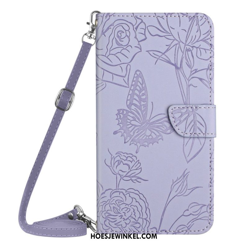 Leren Hoesje Voor iPhone 16 Pro Max Vlinderprint Met Schouderband