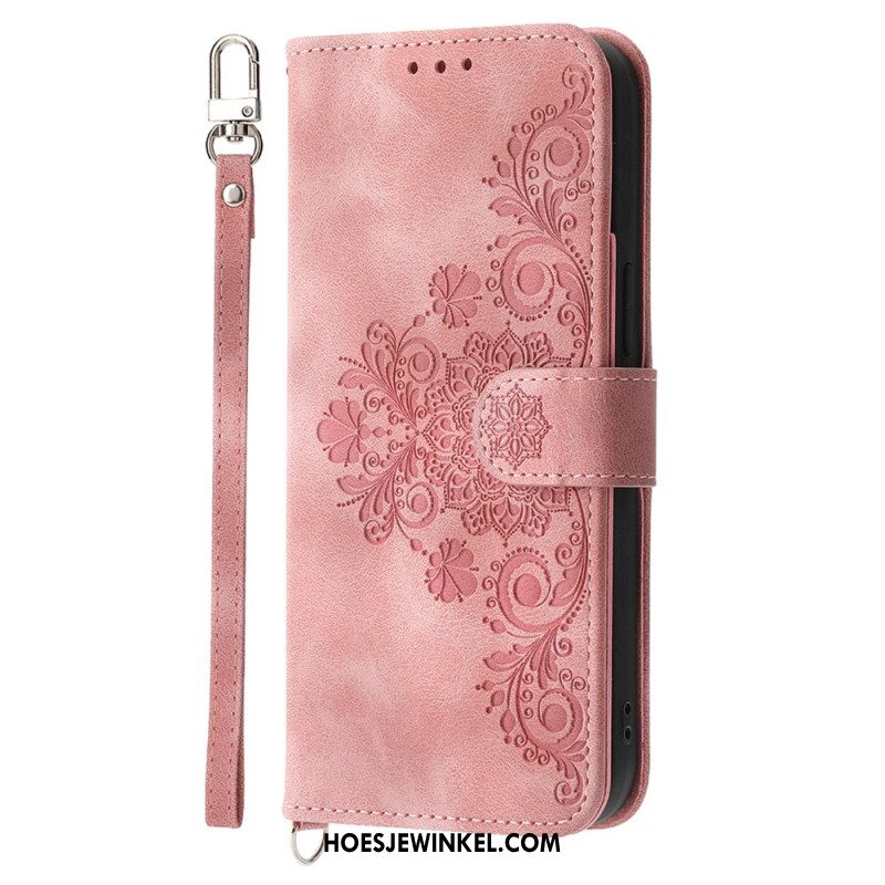 Leren Hoesje Xiaomi Redmi Note 14 5g Portemonnee Met Kantpatroon Riempje En Schouderriem Bescherming Hoesje