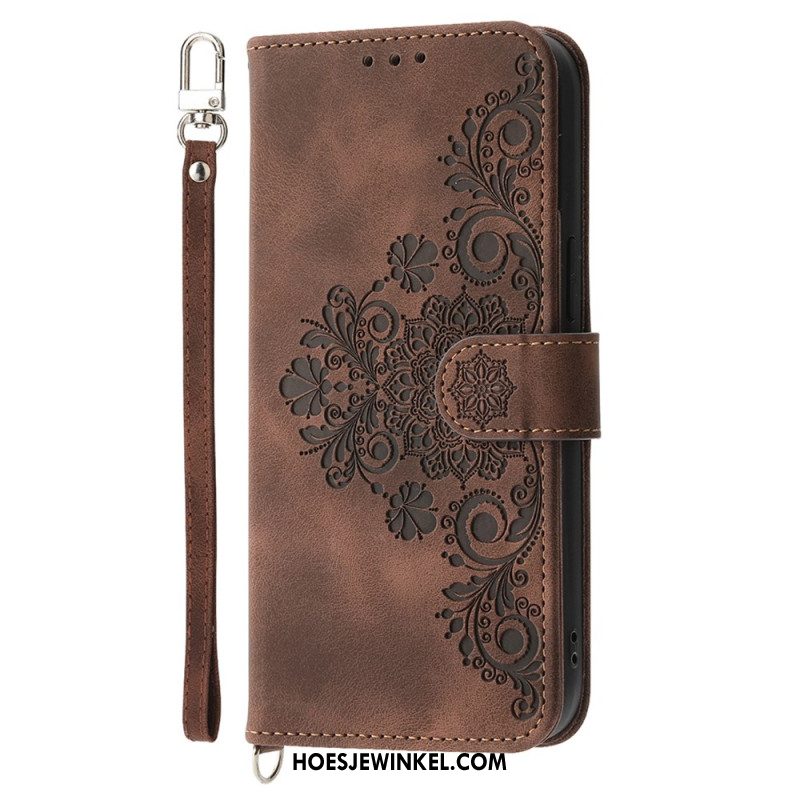 Leren Hoesje Xiaomi Redmi Note 14 5g Portemonnee Met Kantpatroon Riempje En Schouderriem Bescherming Hoesje