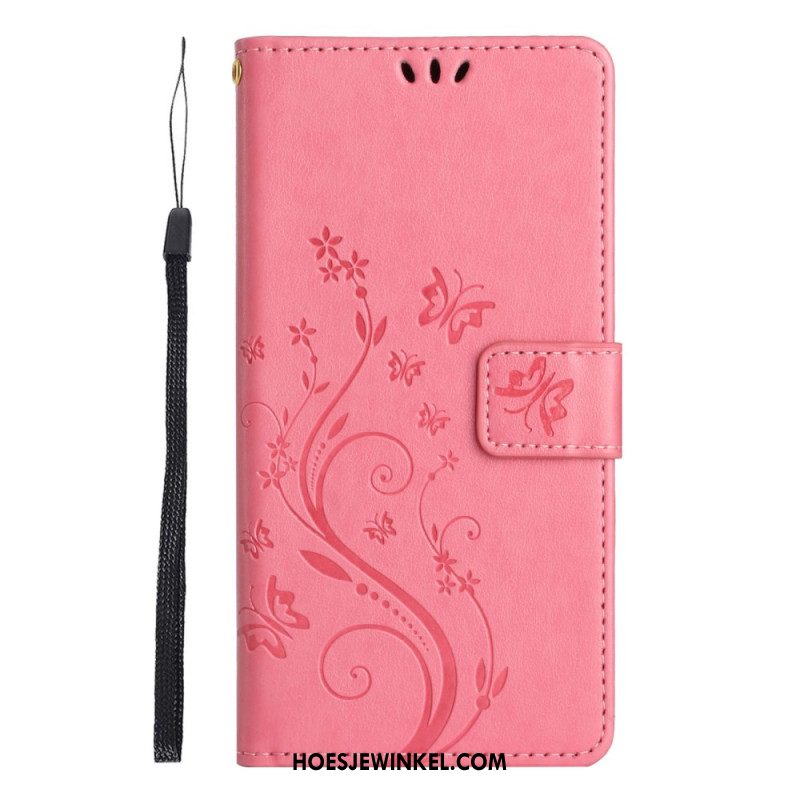 Leren Hoesje Xiaomi Redmi Note 14 Pro 5g Vlinder- En Bloemenprint Bescherming Hoesje