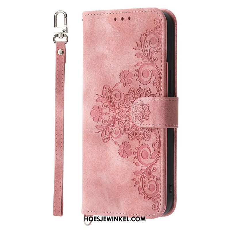 Leren Hoesje iPhone 16 Kanten Band En Schouderband Met Suède Effect Bescherming Hoesje