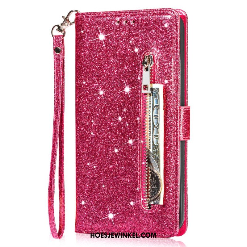 Leren Hoesje iPhone 16 Pro Zak Met Ritssluiting Met Pailletten