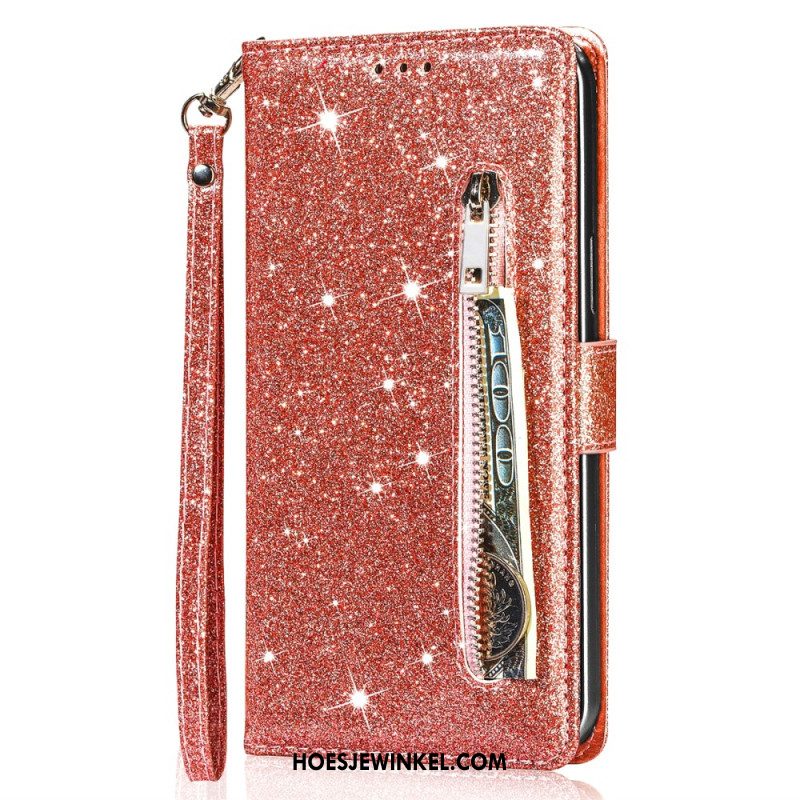Leren Hoesje iPhone 16 Pro Zak Met Ritssluiting Met Pailletten